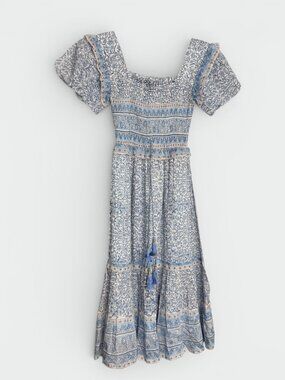 Bell by Alicia Bell Blue White Floral Midi Dress Womens XS Cotton Silk Blend